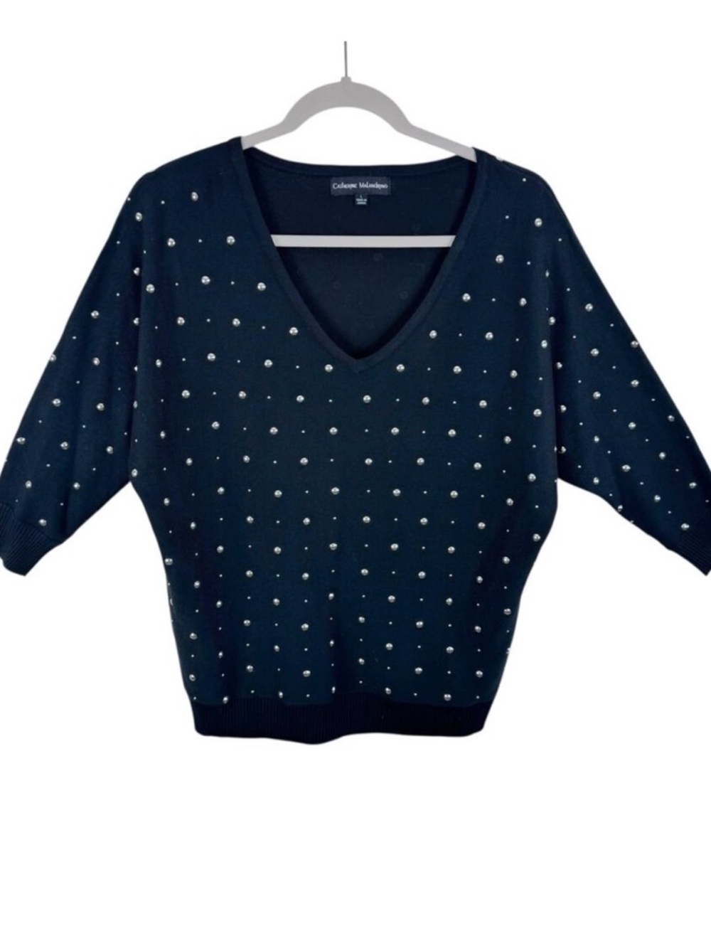 Catherine Malandrino Black Metal‎ Studded V-Neck 3/4 Sleeve Sweater Size L
